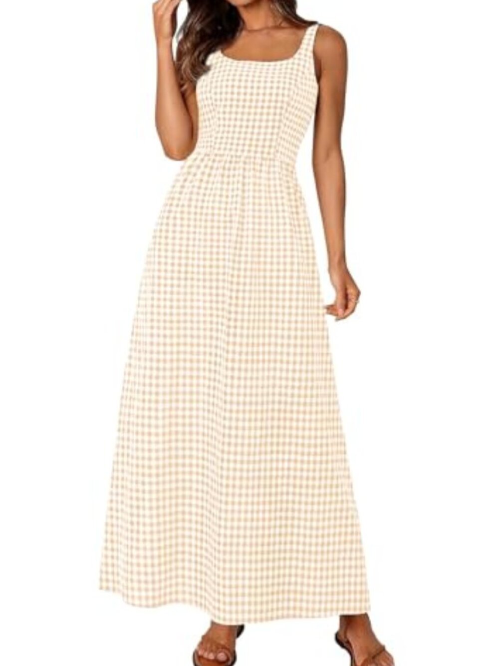 🆕 Womens Summer Spaghetti Strap Maxi Dresses Plaid Square Neck a Line - Beige